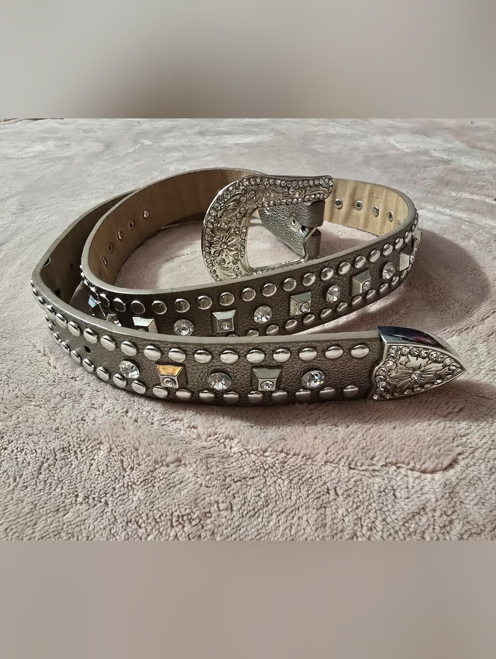 Western Rhinestone Bling Studded Leather Belt Floral Tan Solver Small